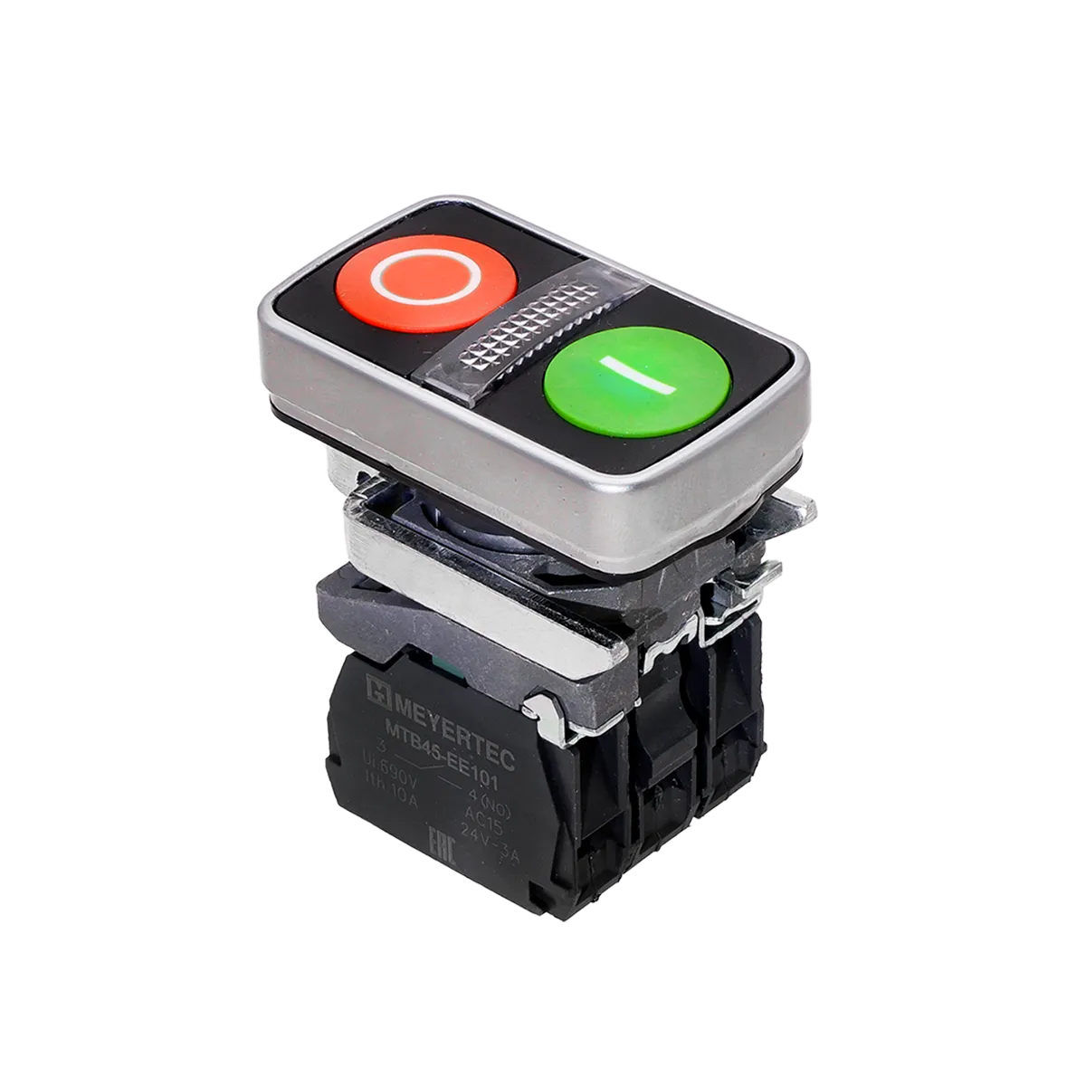 Кнопка двойная плоская с подсветкой, красная/зеленая, маркировка "I+O", 1NO+1NC, 24V AC/DC, IP65, металл