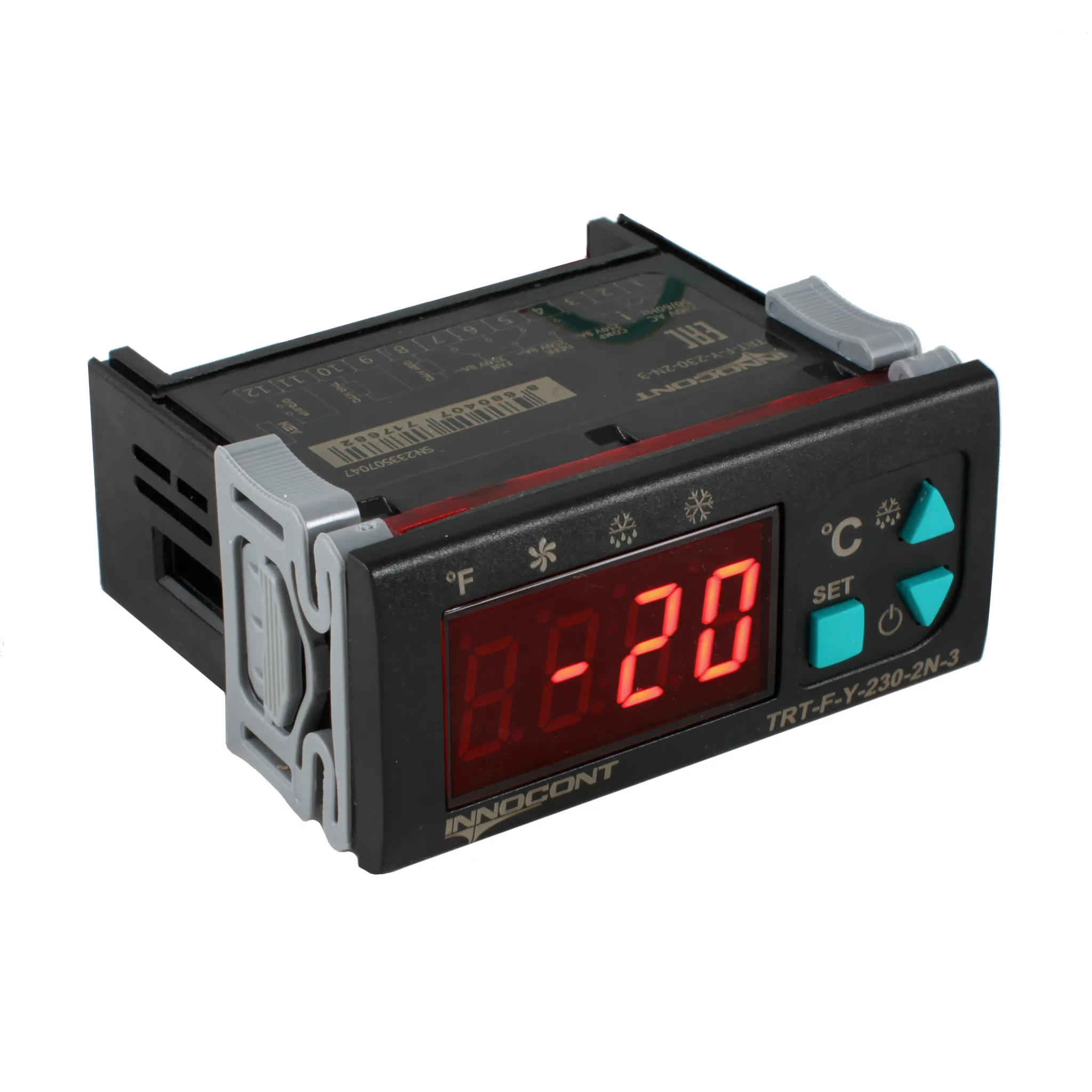 Температурный контроллер для управления охлаждением/размораживанием, 4 разряда, 77х35х61 мм, NTC, выходы реле на компрессор и охладитель, ON/OFF, 230VAC, комплектный фиксатор