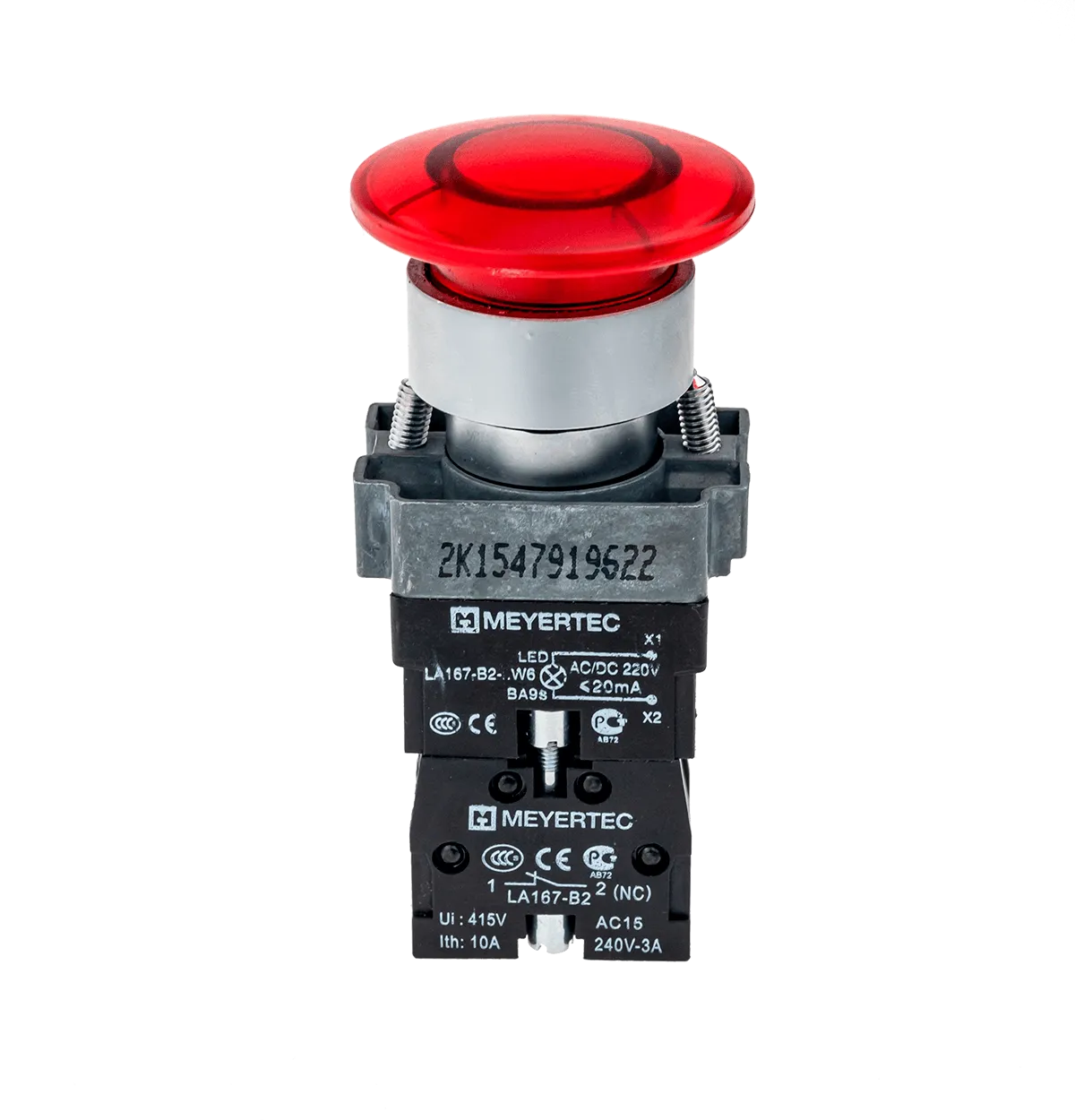 Кнопка грибовидная без фиксации, с подсветкой, 24V, 1NC, красный