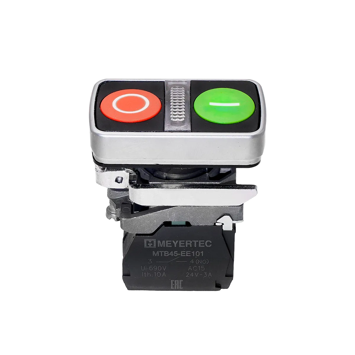 Кнопка двойная плоская с подсветкой, красная/зеленая, маркировка "I+O", 1NO+1NC, 24V AC/DC, IP65, металл