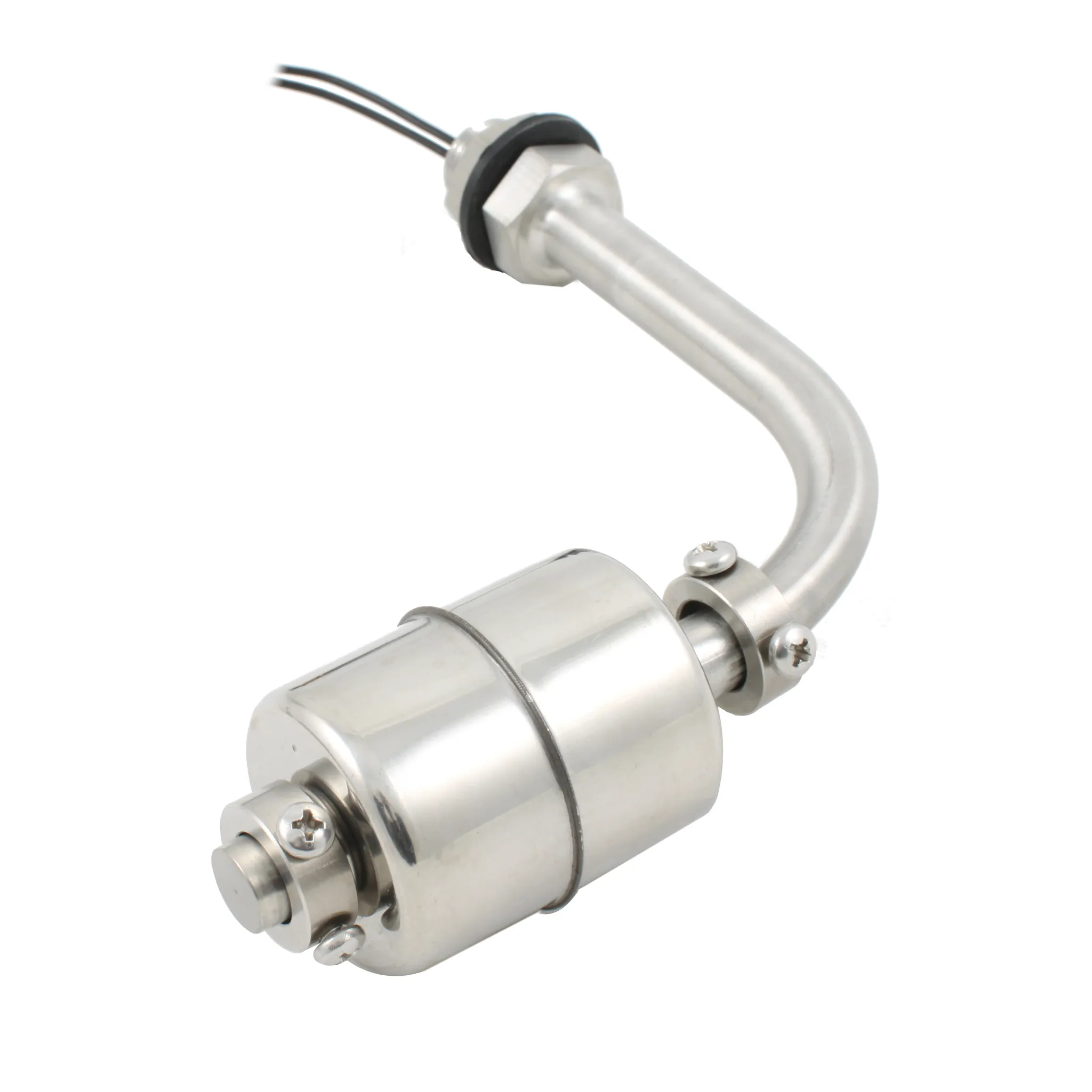 Поплавковый датчик уровня жидкости, Г-образное исполнение, -20 +120 С, соединение- резьба 3/8"PF нерж. сталь, кабель 500 мм, поплавок D=45 мм нерж. сталь