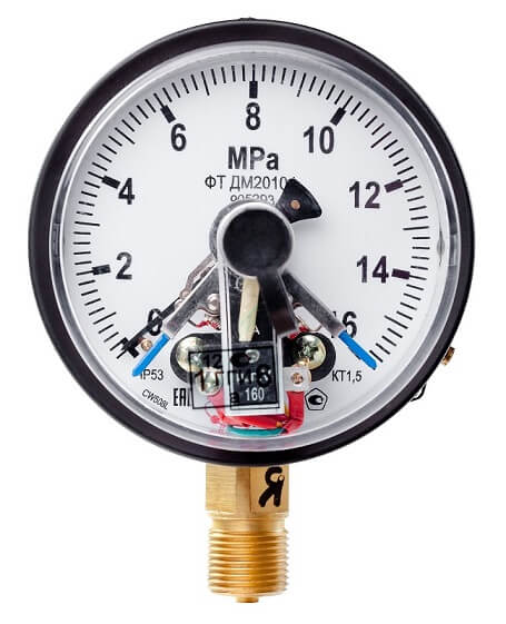 Вакуумметры, мановакуумметры, манометры электроконтактные пылевлагозащищенные ДВ2010ф, ДА2010ф, ДМ2010ф IP53 (Диаметр: 100 мм)