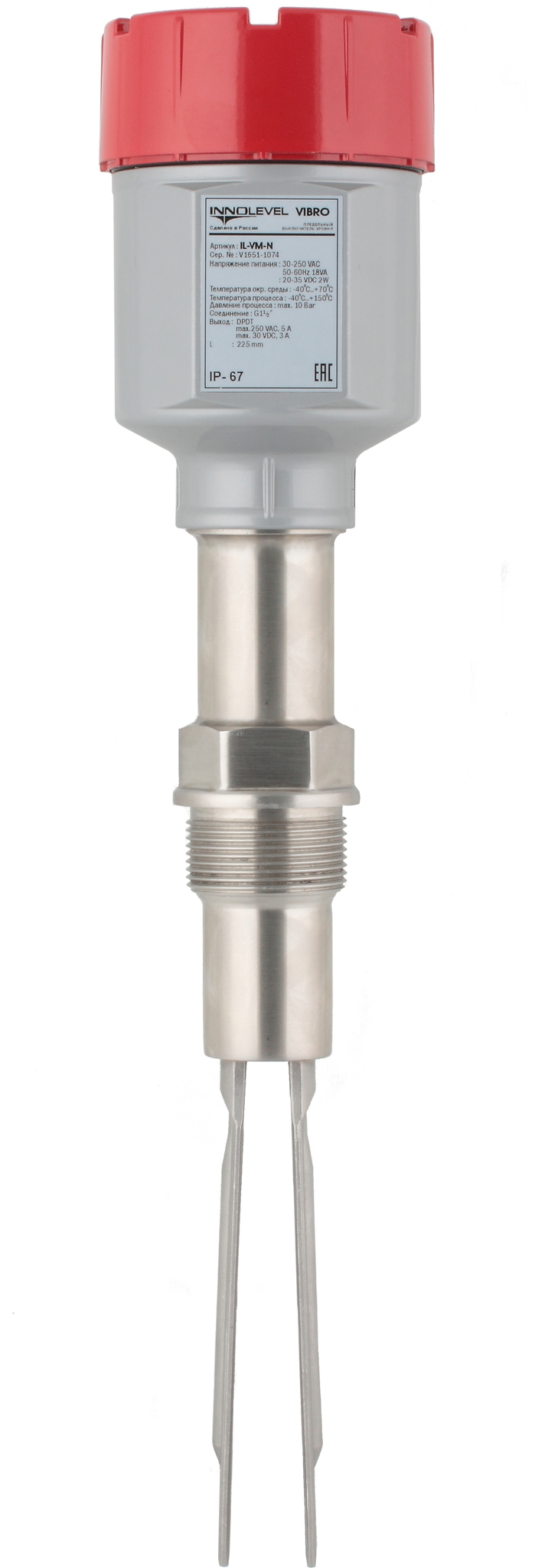 Вибрационный датчик предельного уровня сыпучих материалов в алюм. корпусе, -40 +150 С, Pmax=10 bar, 22-265 VAC - 20-46 VDC, IP 67, чувств. от 10 г/л, соединение- резьба G 1 1/2", нерж. сталь 304, удлинение 600 мм, нерж. сталь 304, выход- реле DPDT